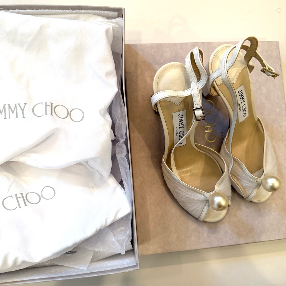 JIMMY CHOO Sacaria 85 Block Heels Sandals Cream White Bridal Pearl 37.5 7.5 - Picture 12 of 14